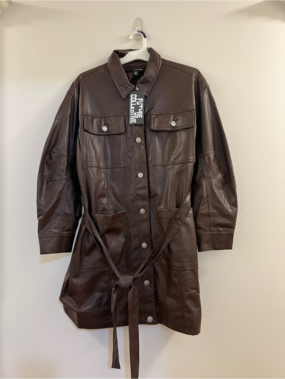 Women's Long Sleeve Faux Leather Mini Shirtdress - Future Collective Brown - Picture 9 of 14